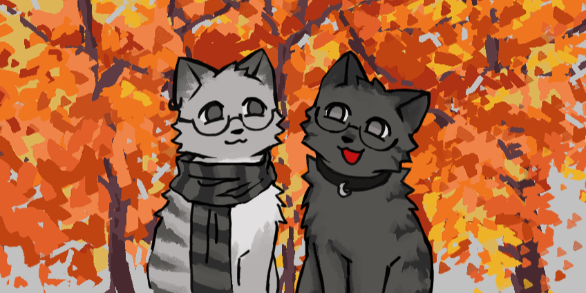 two cats sitting together in front of an autumn forest landscape